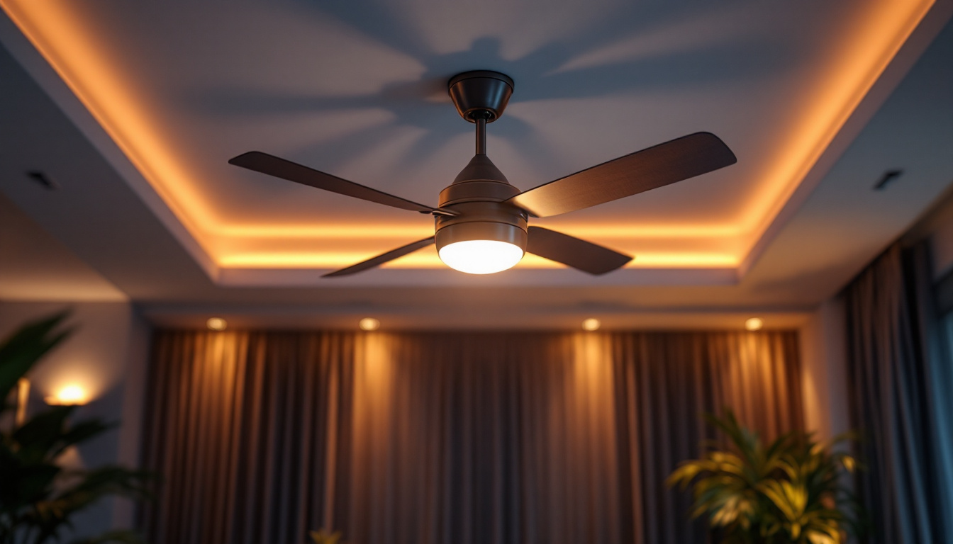 A photograph of a stylish ceiling fan in an elegantly lit room