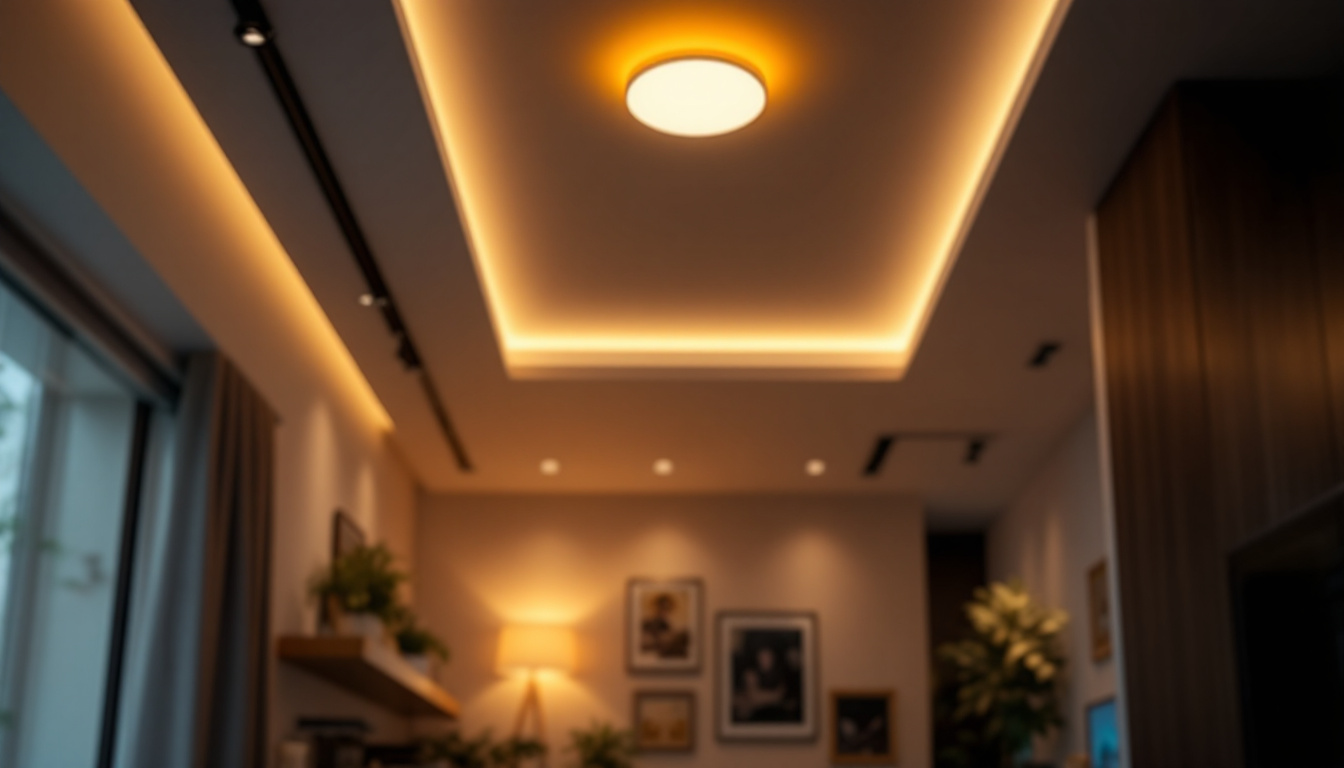 A photograph of a modern interior space featuring stylish ceiling flush led lights illuminating the room