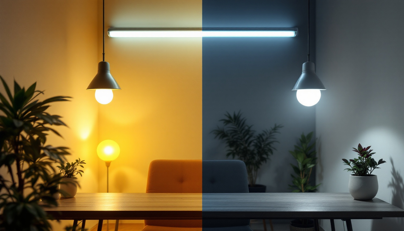 A photograph of a side-by-side comparison of fluorescent lights and other types of lighting (such as led and incandescent) in a well-lit room