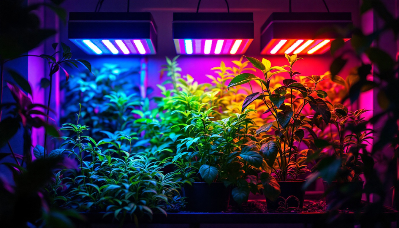 A photograph of a vibrant indoor garden illuminated by various led plant growing lights