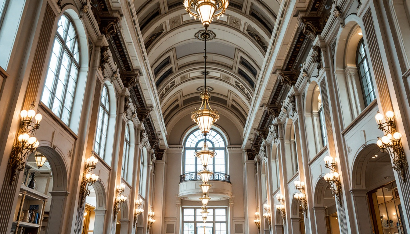A photograph of a beautifully designed high ceiling space featuring elegant light fixtures that highlight the architectural details