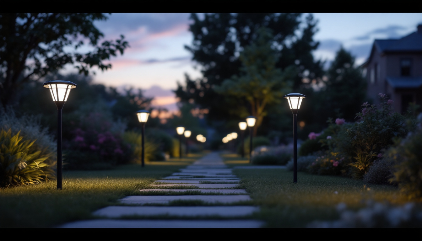 A photograph of a beautifully illuminated outdoor space featuring ground solar lights in various settings