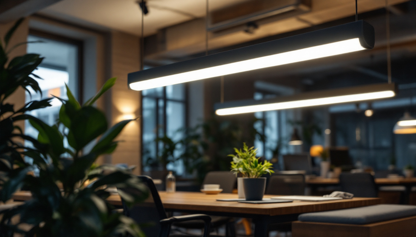 A photograph of a modern workspace or commercial setting illuminated by long tube lights