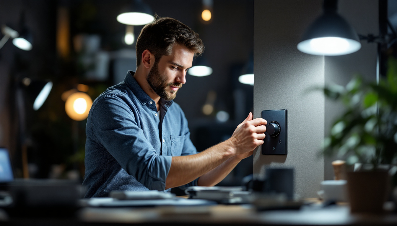 A photograph of a lighting engineer adjusting a high-quality dimmer switch in a modern workspace