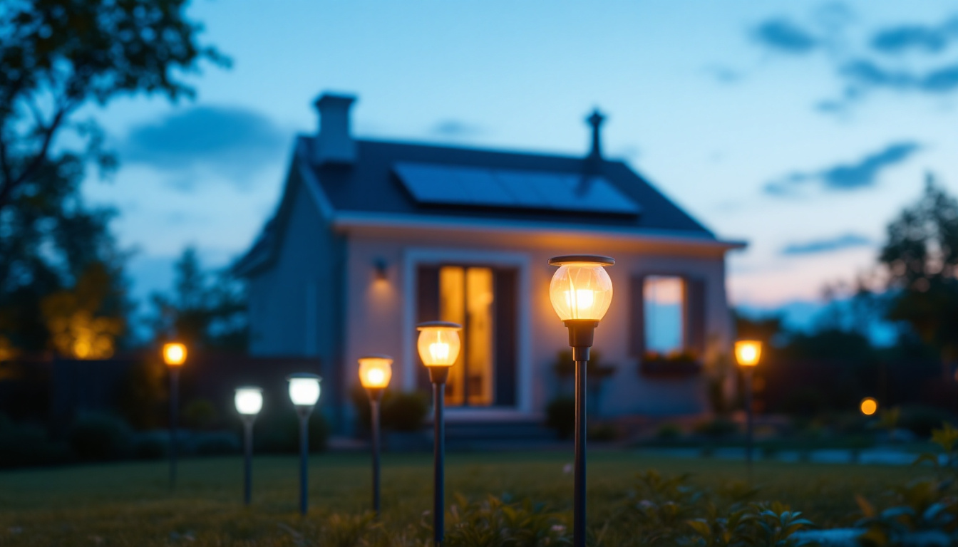 A photograph of a beautifully illuminated outdoor space featuring solar house lights