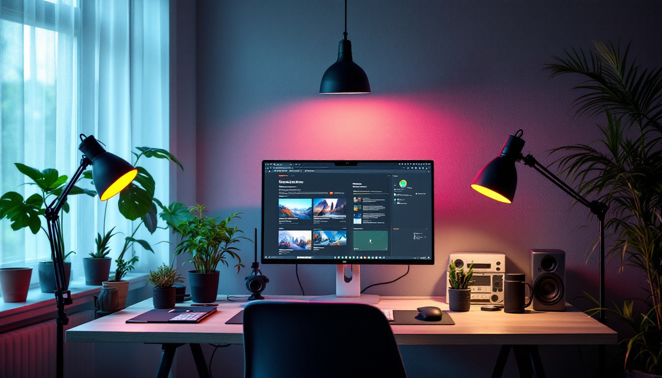 A photograph of a well-designed workspace featuring a computer setup with various lighting elements