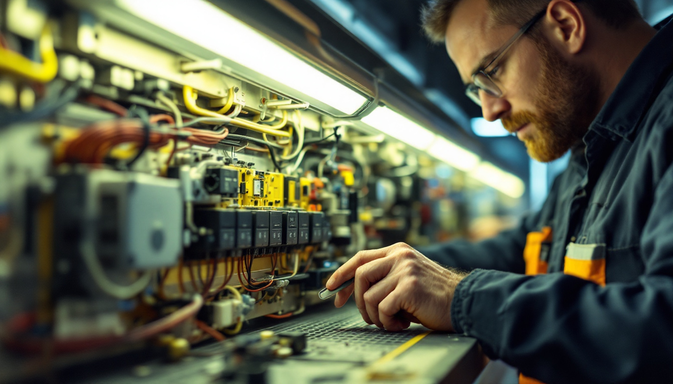 A photograph of a close-up of a fluorescent light ballast alongside an electrical engineer examining its components