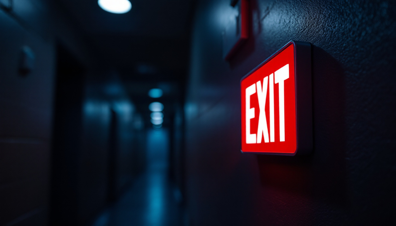 A photograph of a well-lit emergency exit sign illuminated against a dimly lit corridor