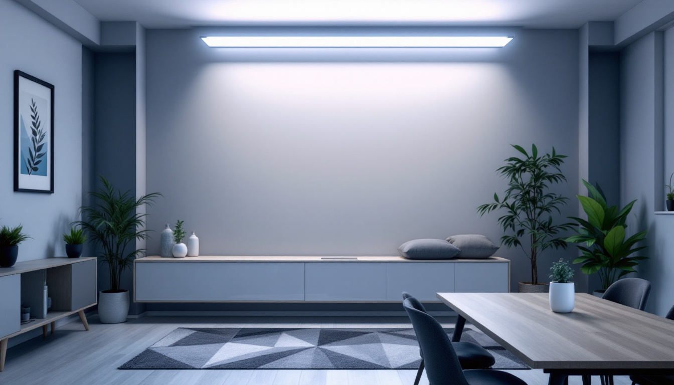 A photograph of a well-designed indoor space illuminated by an 8 ft fluorescent light fixture