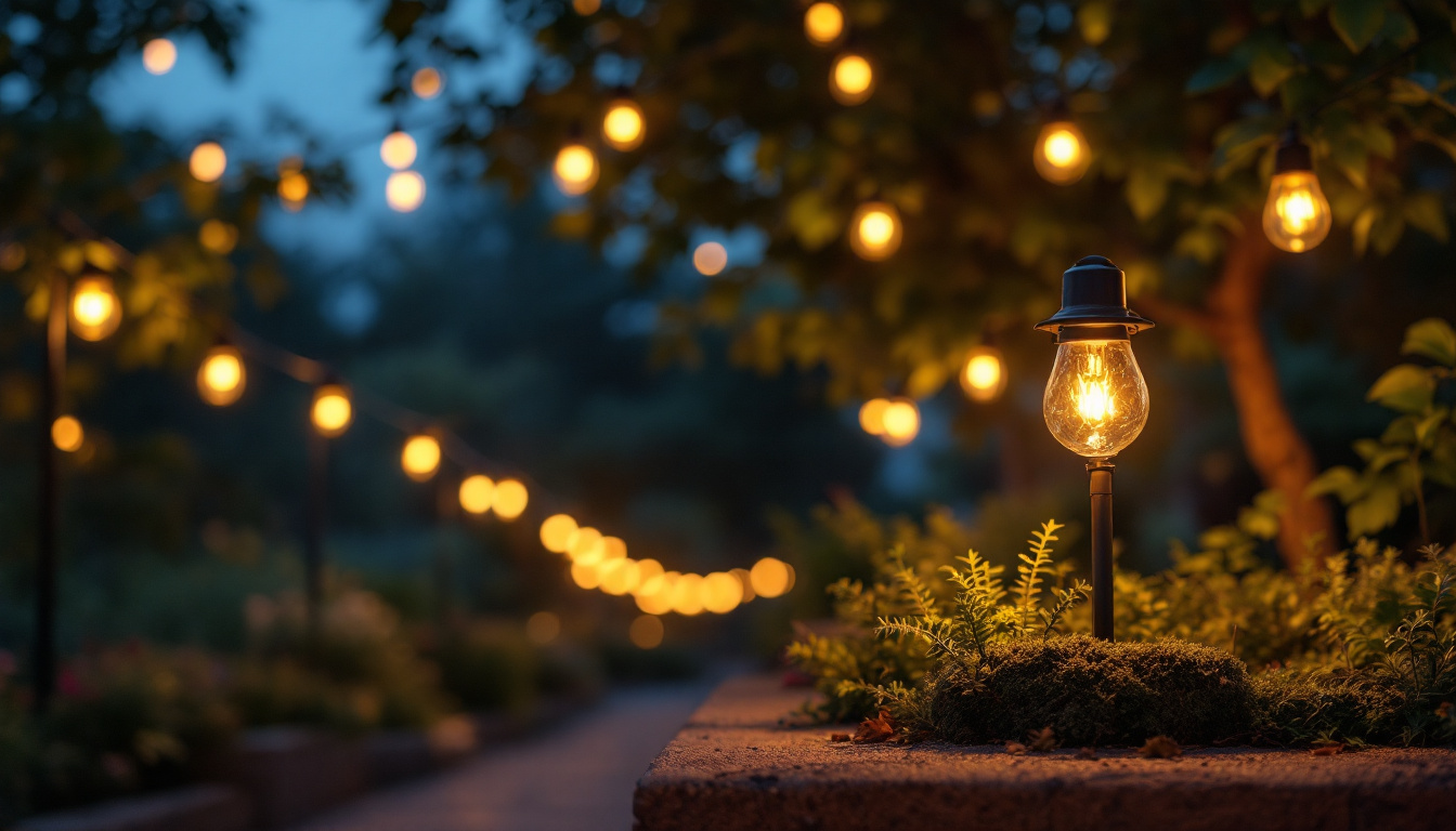 A photograph of a serene outdoor setting illuminated by solar bulbs at dusk