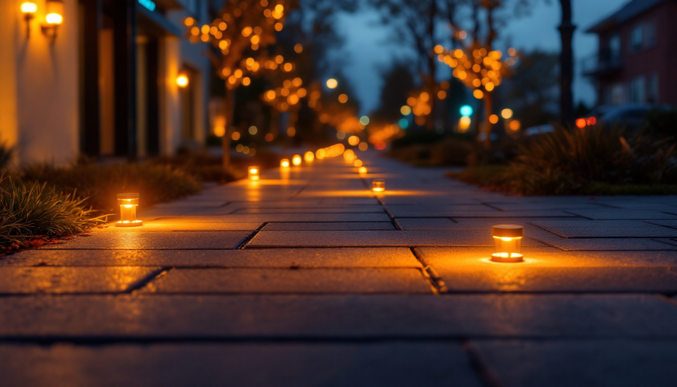 A photograph of a beautifully illuminated sidewalk at dusk