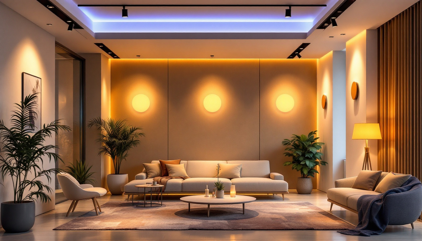 A photograph of a beautifully designed interior space featuring various indirect lighting fixtures that enhance the ambiance
