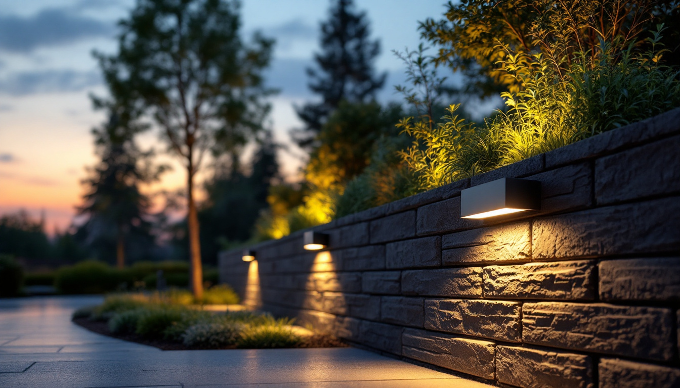 A photograph of a beautifully designed solar-powered retaining wall light illuminating a landscaped garden at dusk