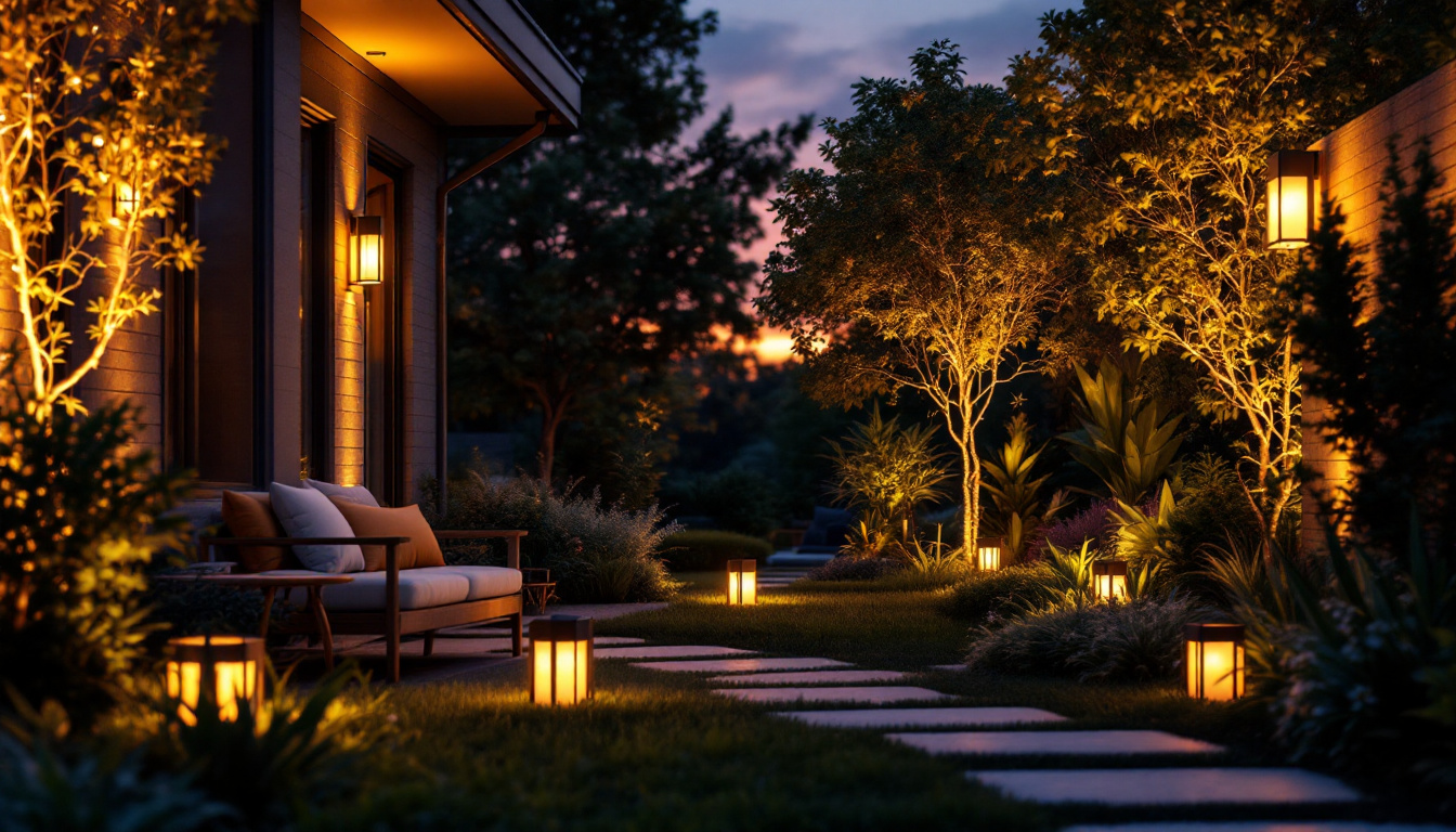 A photograph of a beautifully designed outdoor space illuminated by amazon dusk to dawn lights