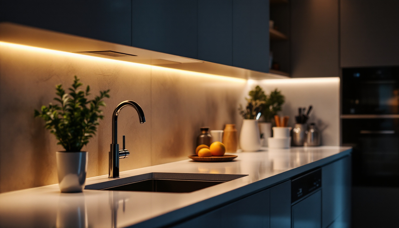A photograph of a beautifully illuminated kitchen with sleek under cabinet lighting strips highlighting the countertops and creating a warm ambiance