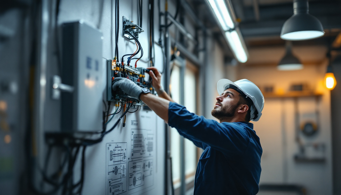 A photograph of capture a photograph of a lighting engineer working on a 3 pole light switch installation