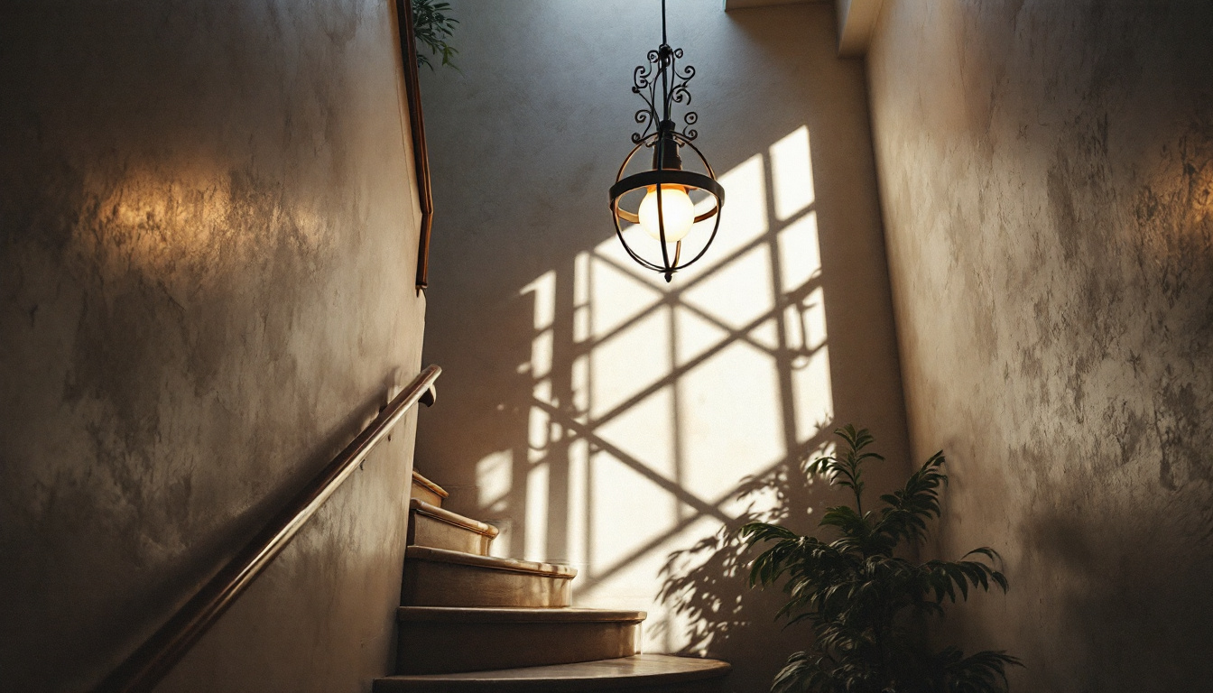 A photograph of a beautifully designed stairway featuring a stylish hanging light fixture