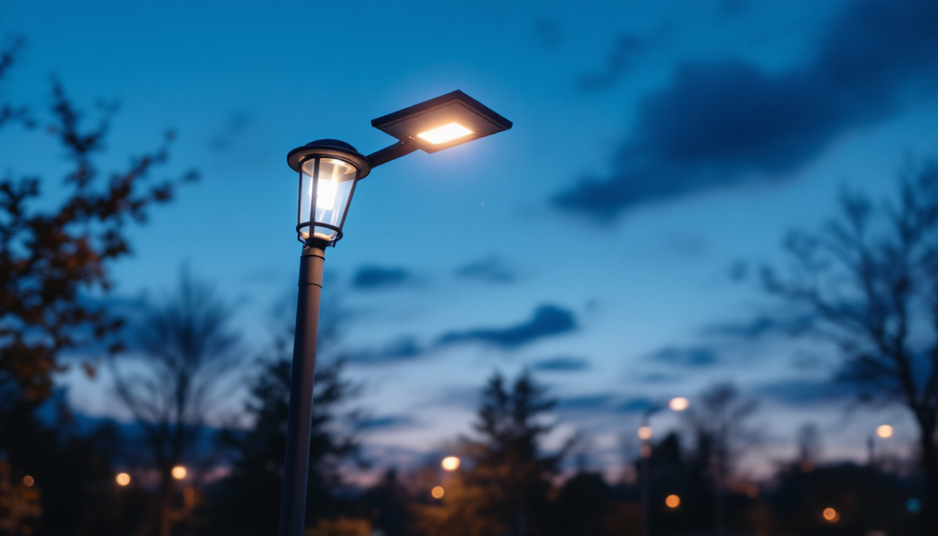 A photograph of a solar lamppost illuminated at dusk