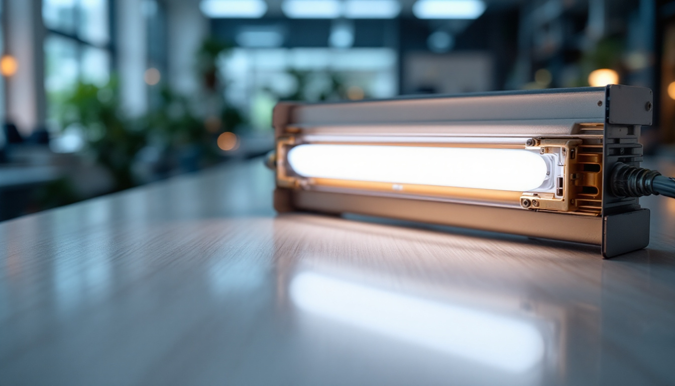 A photograph of a close-up view of a fluorescent ballast alongside energy-efficient fluorescent bulbs