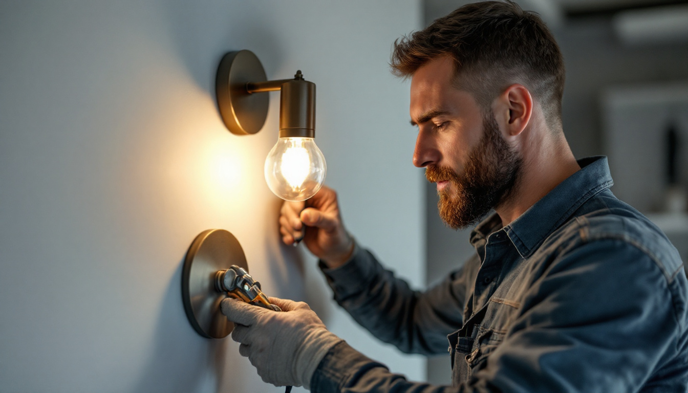 A photograph of a skilled engineer carefully installing a stylish wall sconce light fixture in a modern interior setting