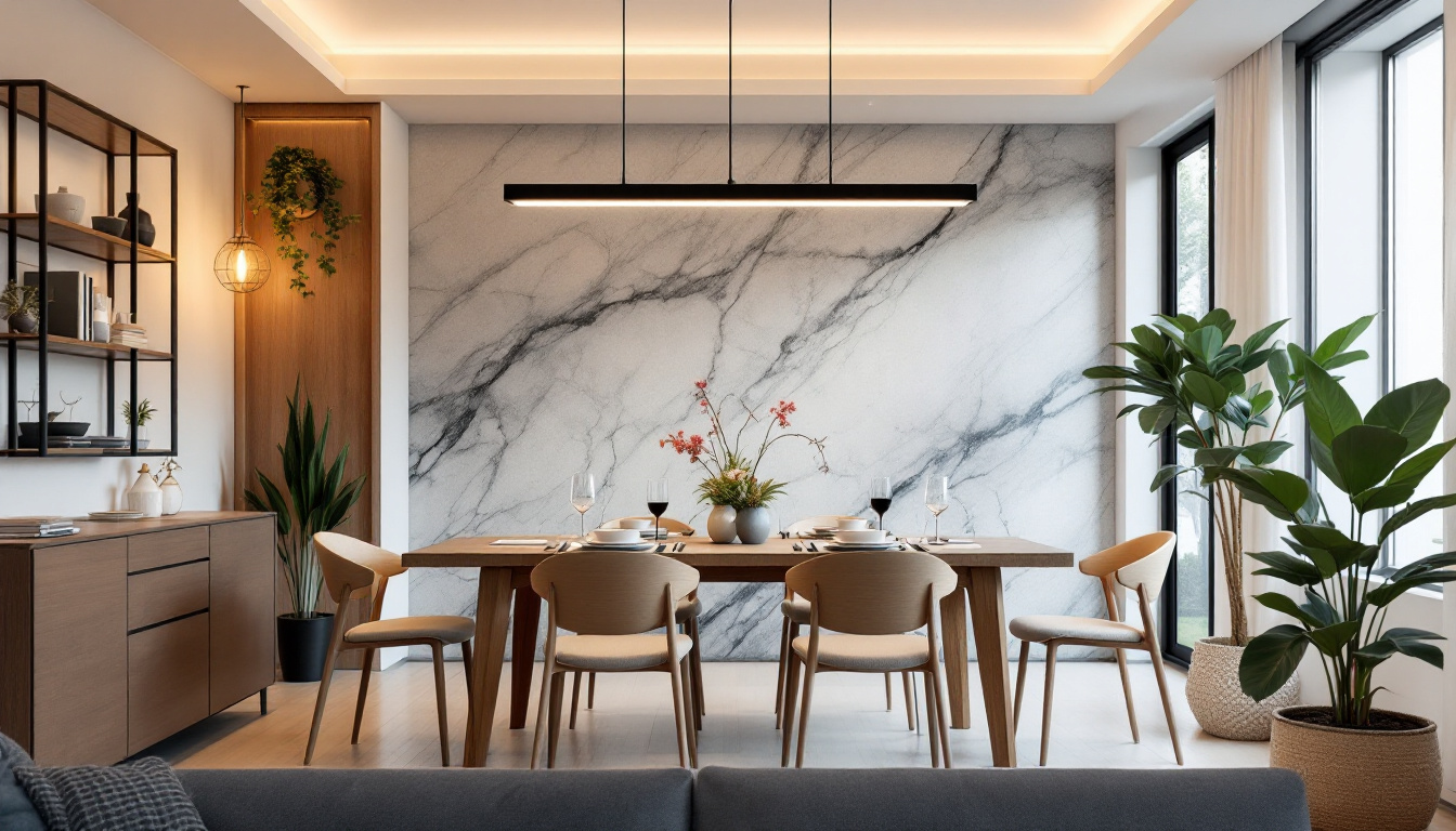 A photograph of a stylish dining area featuring pendant linear lighting