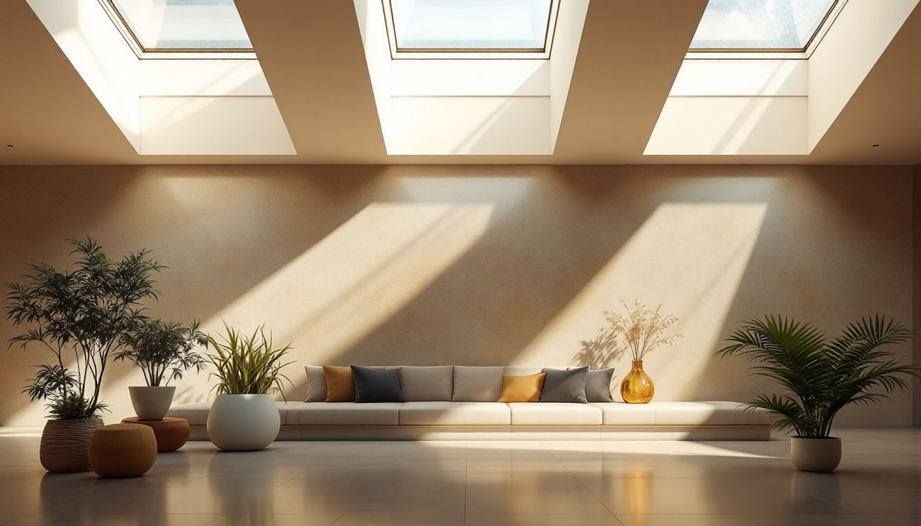A photograph of a beautifully designed interior space illuminated by natural light streaming through elegant solar roof lights