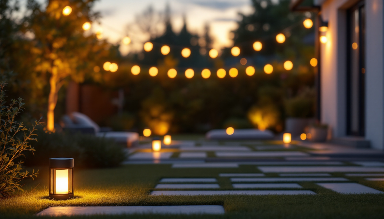 A photograph of a beautifully arranged outdoor lighting setup that showcases various weatherproof lights illuminated at dusk