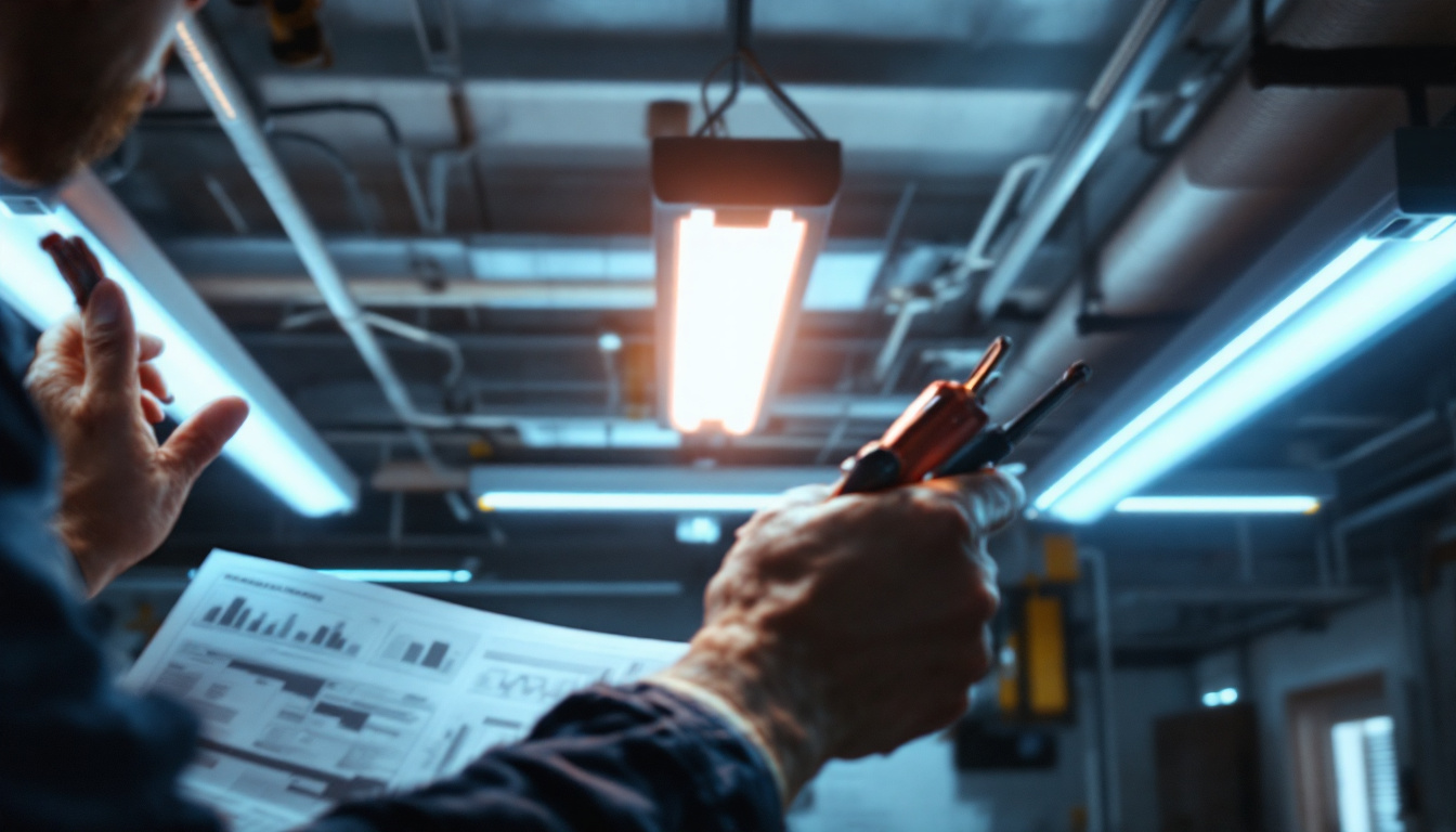 A photograph of a well-lit workspace featuring t8 fluorescent tubes installed in a ceiling fixture