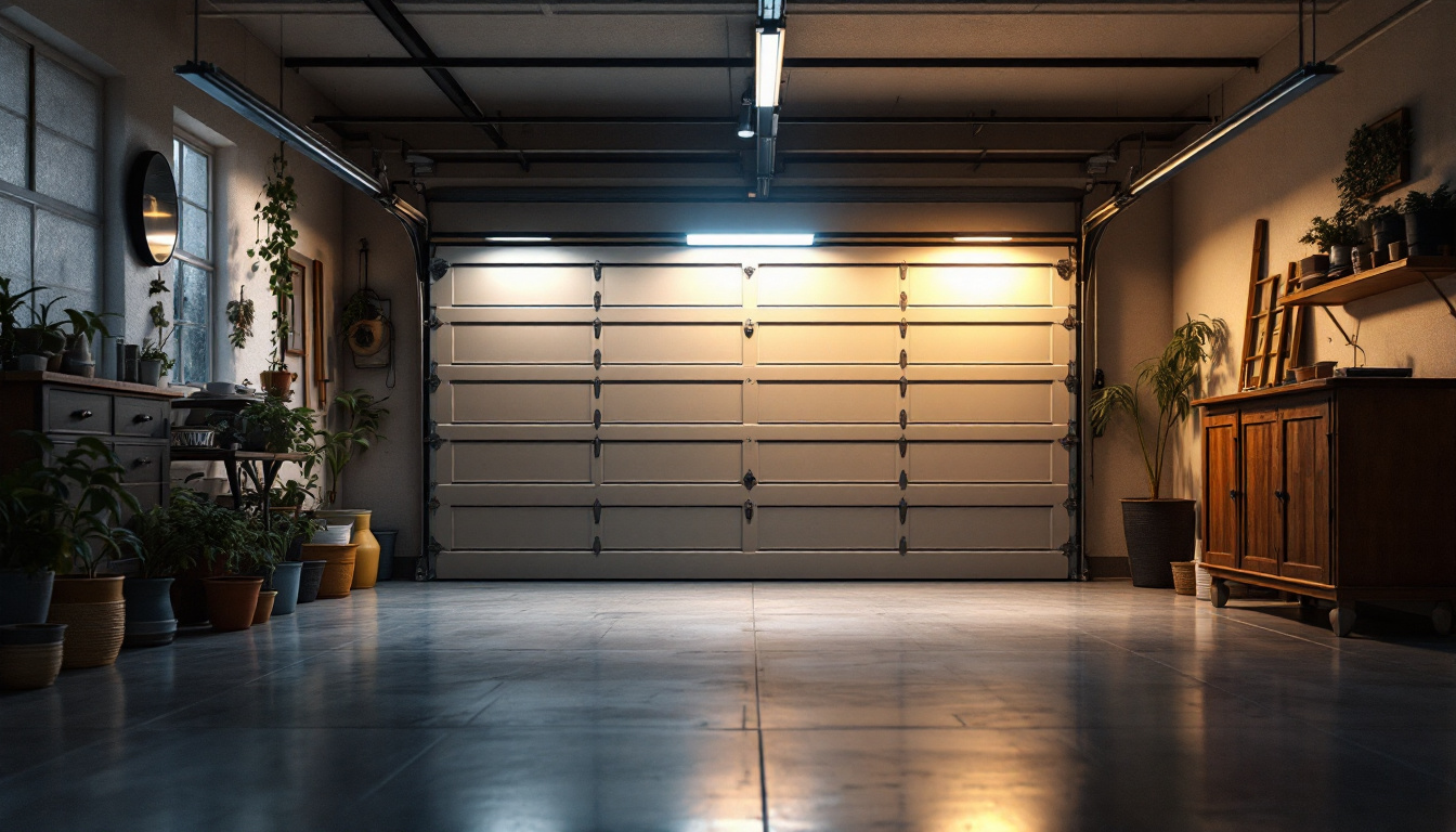 A photograph of a well-lit garage space featuring an over garage light installation