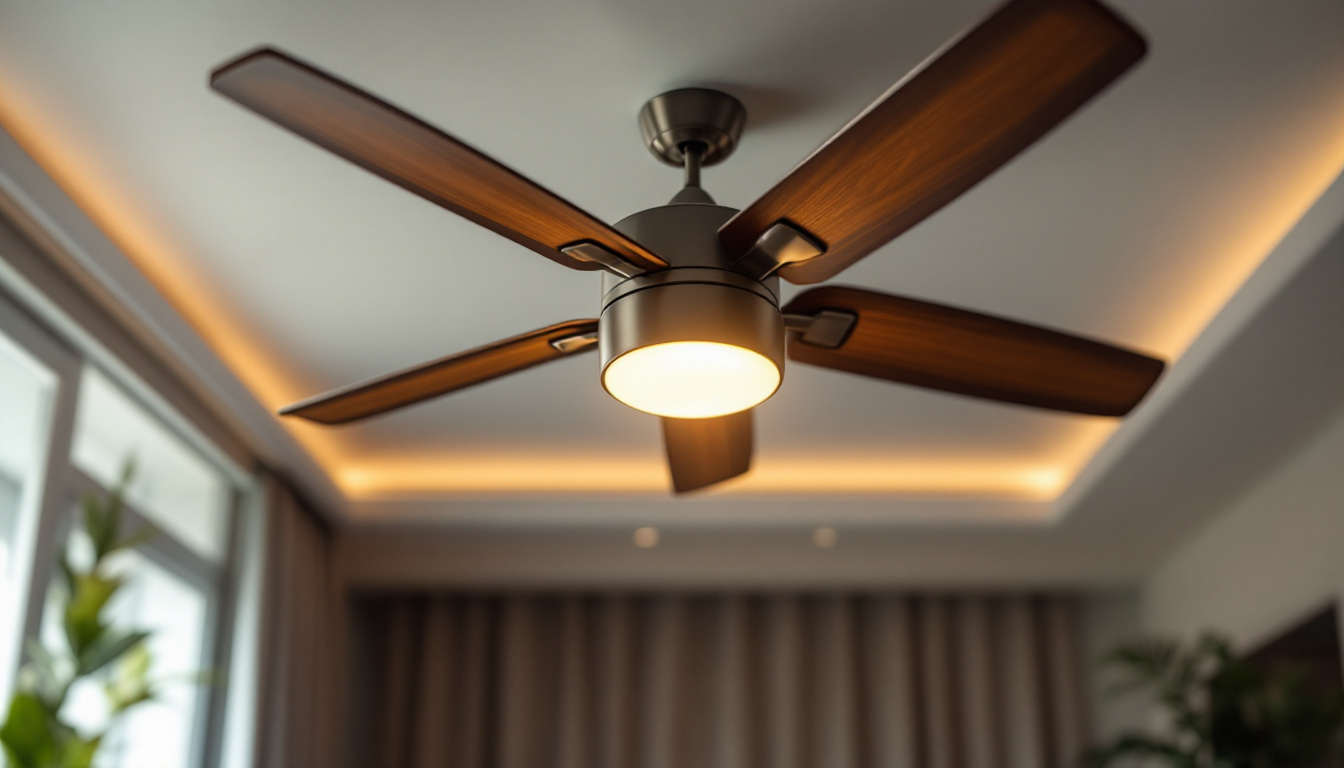 A photograph of a well-designed ceiling fan in a stylishly lit room