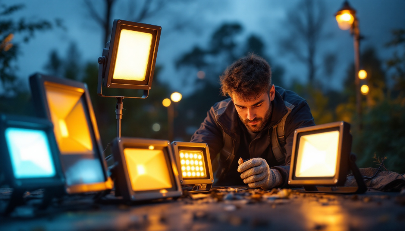 A photograph of a well-lit scene showcasing various types of flood lamps in an outdoor setting