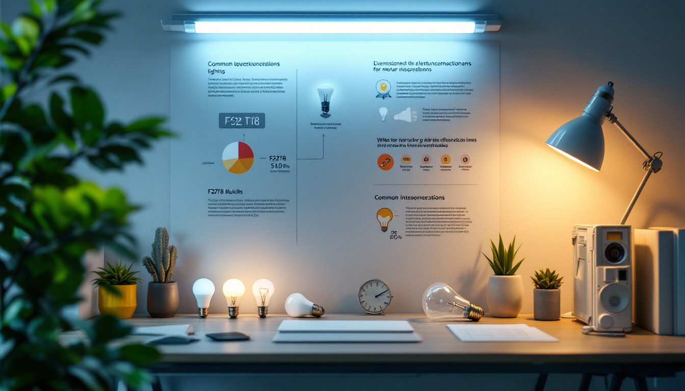 A photograph of a well-lit workspace featuring various f32t8 fluorescent bulbs alongside common misconceptions illustrated through creative visuals or infographics