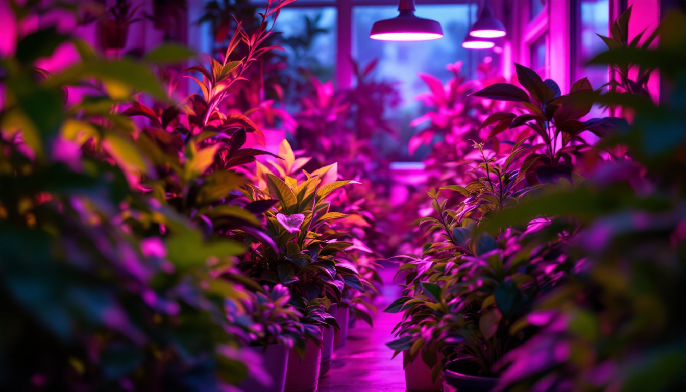 A photograph of a vibrant indoor garden illuminated by led plant growth lights