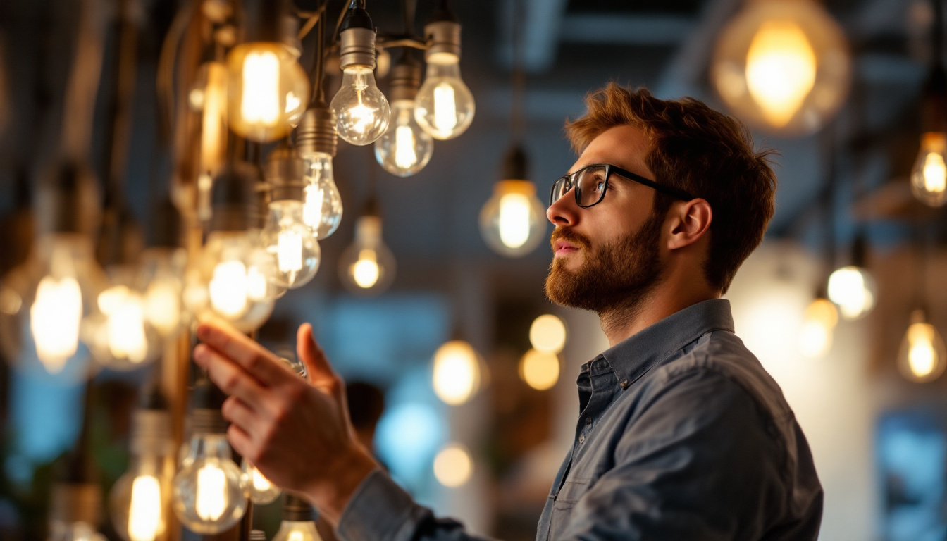 A photograph of a lighting engineer analyzing a sophisticated 19-light bulb setup in a modern workspace