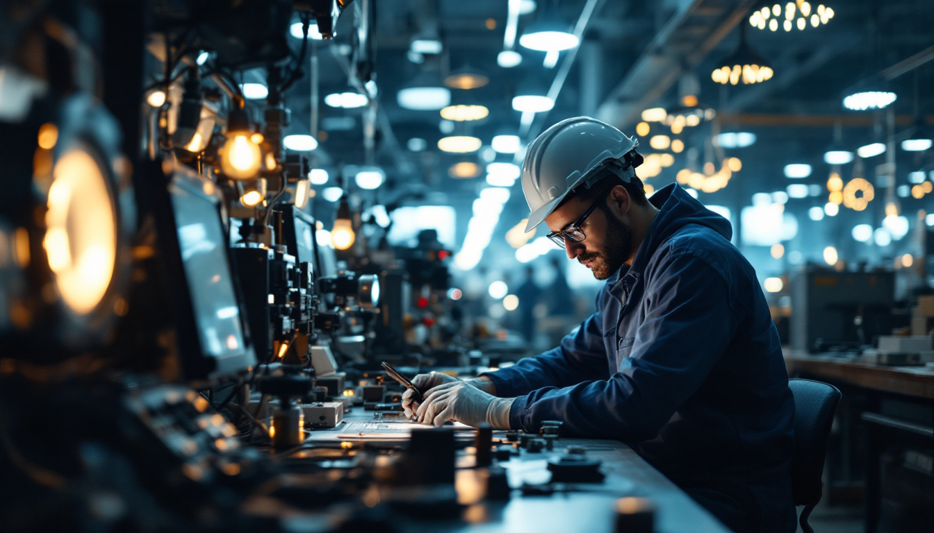 A photograph of a focused electrical engineer working in a well-lit manufacturing facility