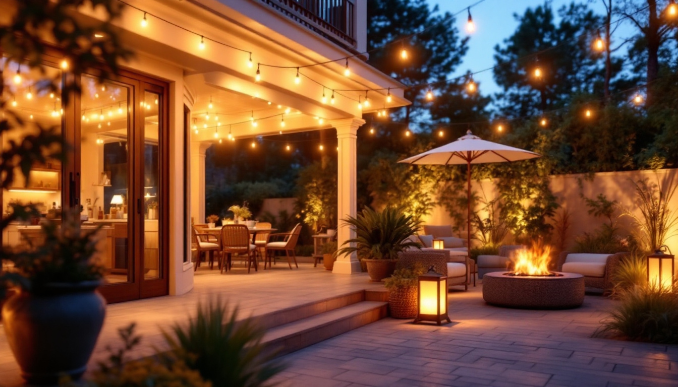 A photograph of a beautifully illuminated patio at dusk