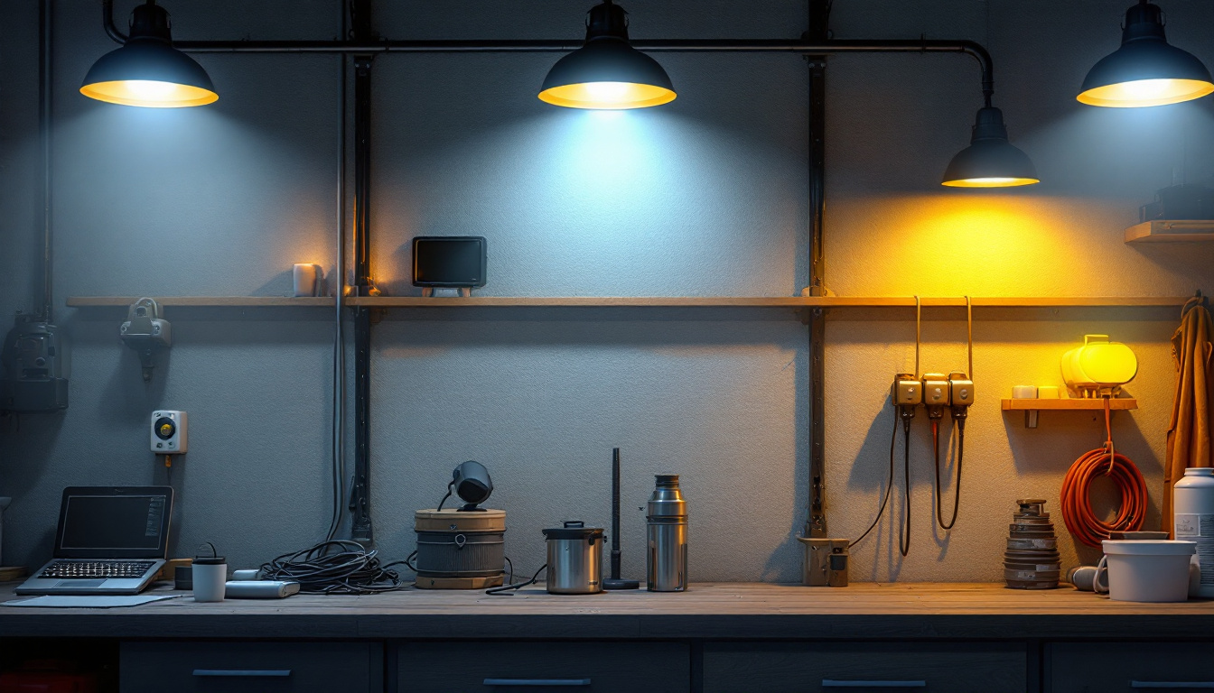 A photograph of a well-lit garage showcasing various shop lights in use