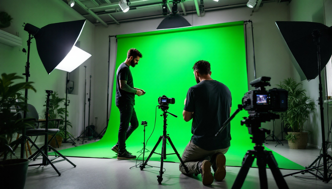 A photograph of a vibrant green screen setup in a studio environment