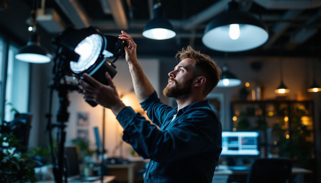 A photograph of a lighting engineer adjusting various light fixtures in a modern workspace