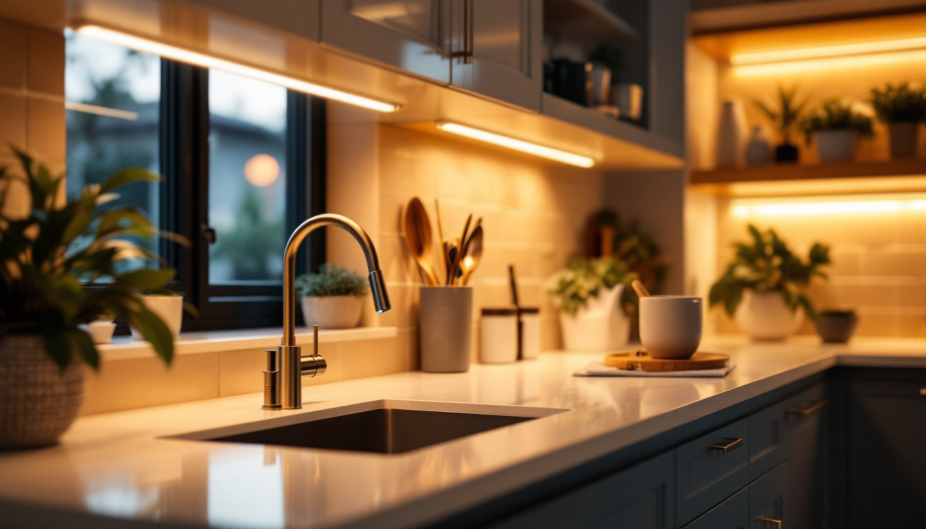 A photograph of a beautifully illuminated kitchen or cabinetry showcasing led cabinet lights in action