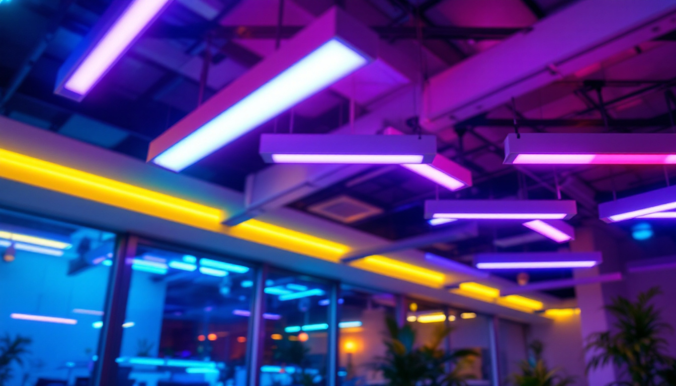 A photograph of a modern workspace or commercial environment illuminated by fluorescent lights