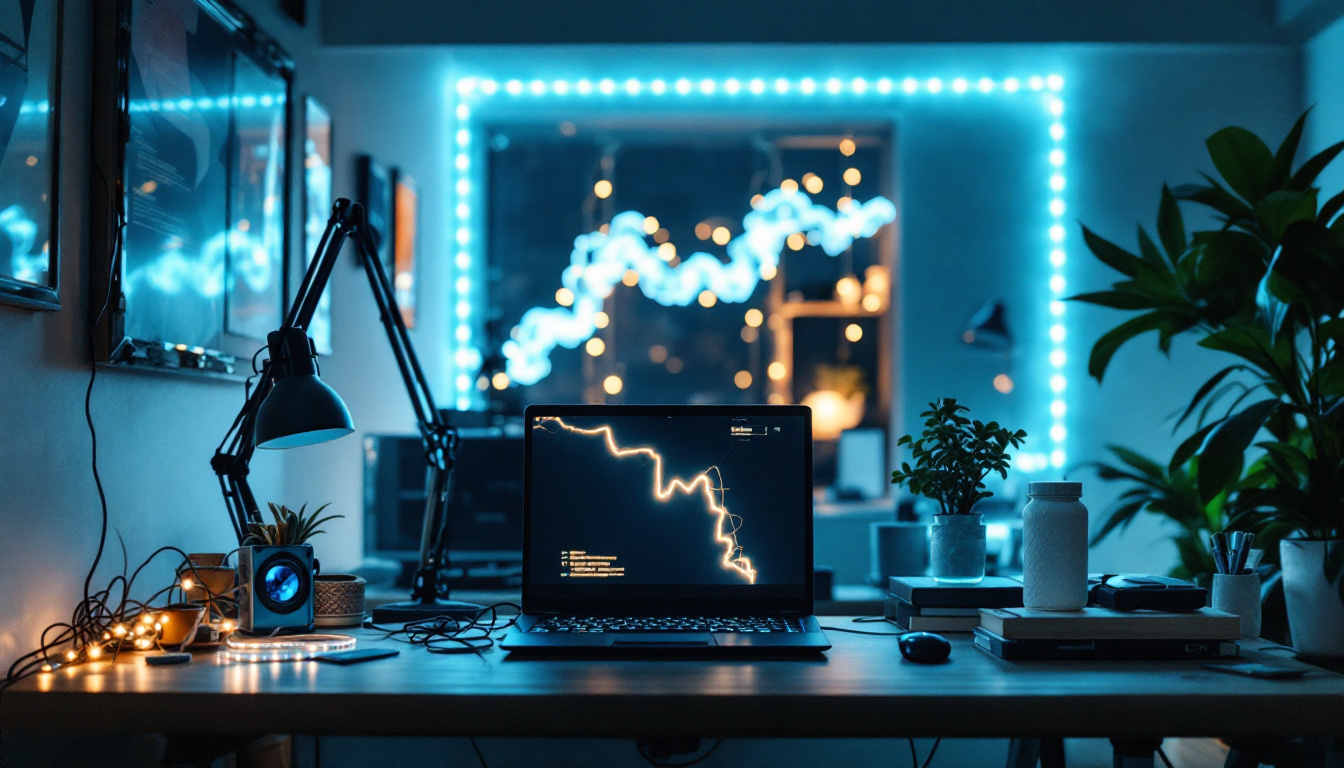 A photograph of a well-lit workspace featuring various led light tape strips in use