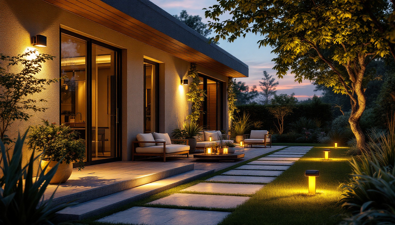 A photograph of a beautifully designed outdoor space featuring solar-powered lighting fixtures that emit soft