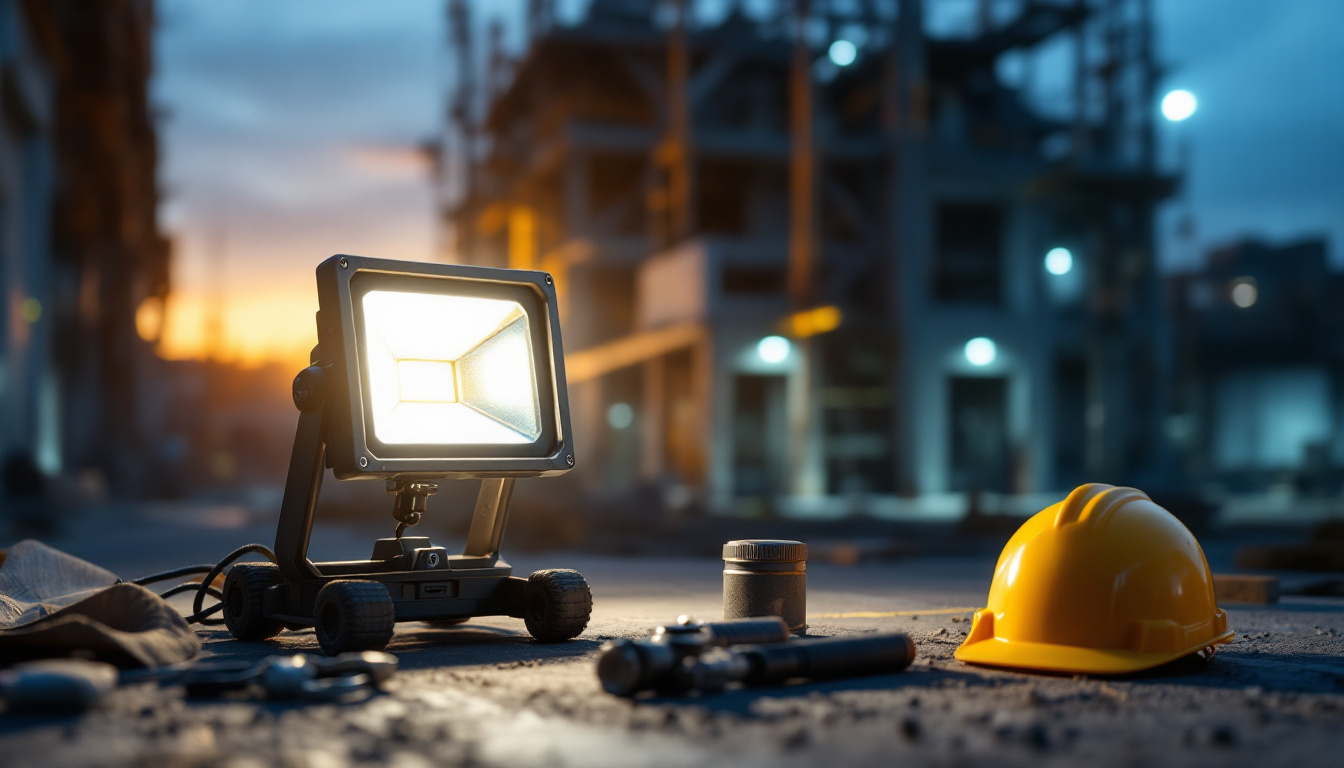 A photograph of a portable flood light in action at a construction site during twilight