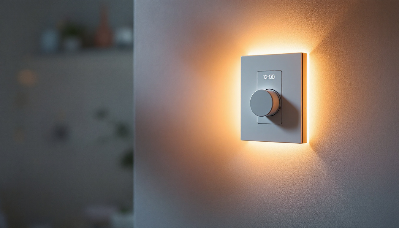 A photograph of a modern electric switch with a built-in timer installed in a stylish home setting