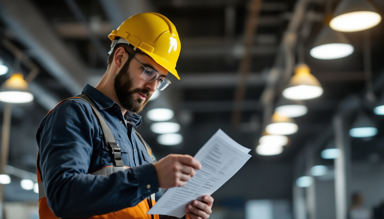 A photograph of a lighting engineer meticulously reviewing a detailed checklist while inspecting various clearance lighting installations in a commercial space