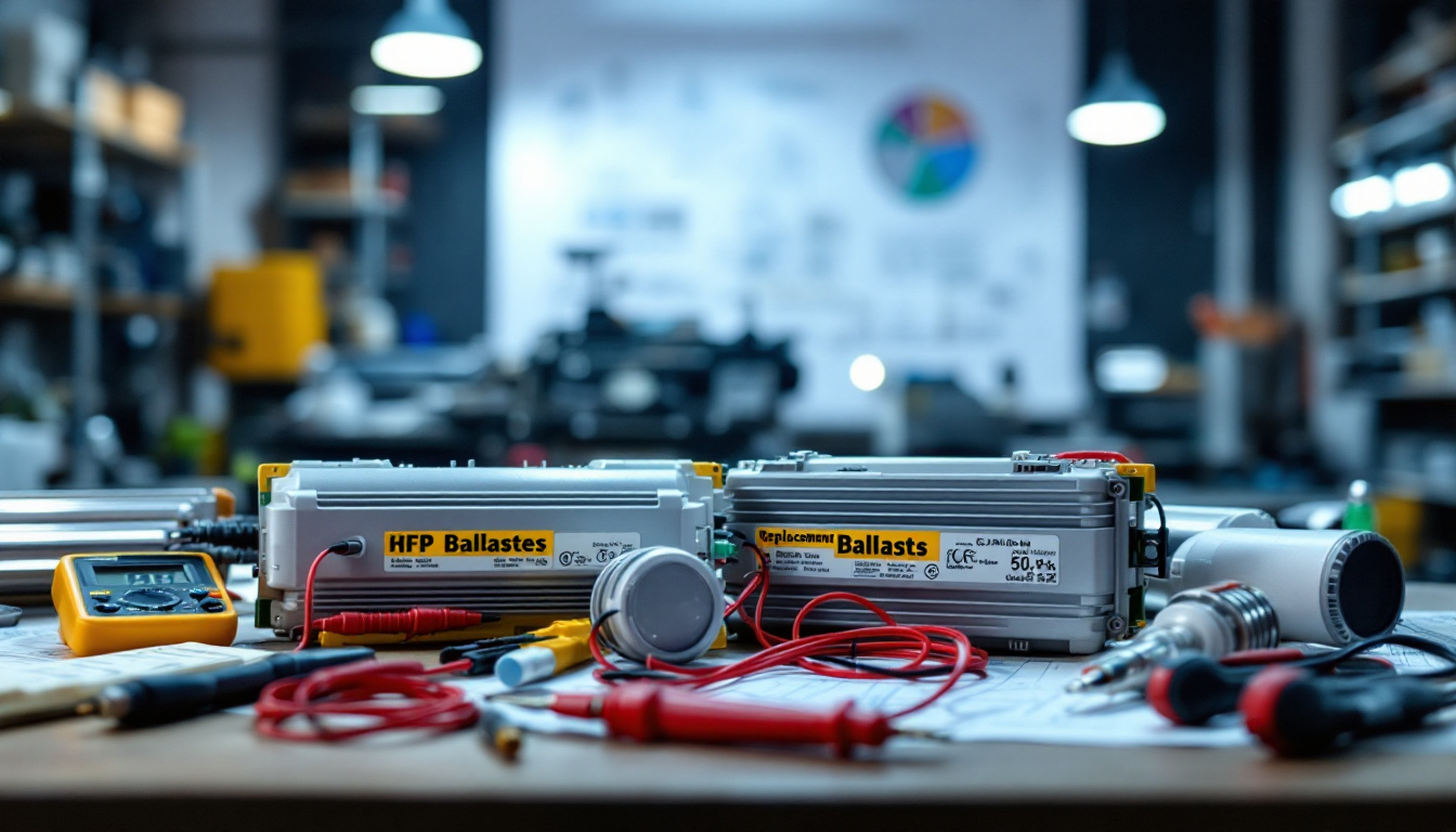A photograph of a close-up shot of various types of replacement ballasts alongside electrical engineering tools