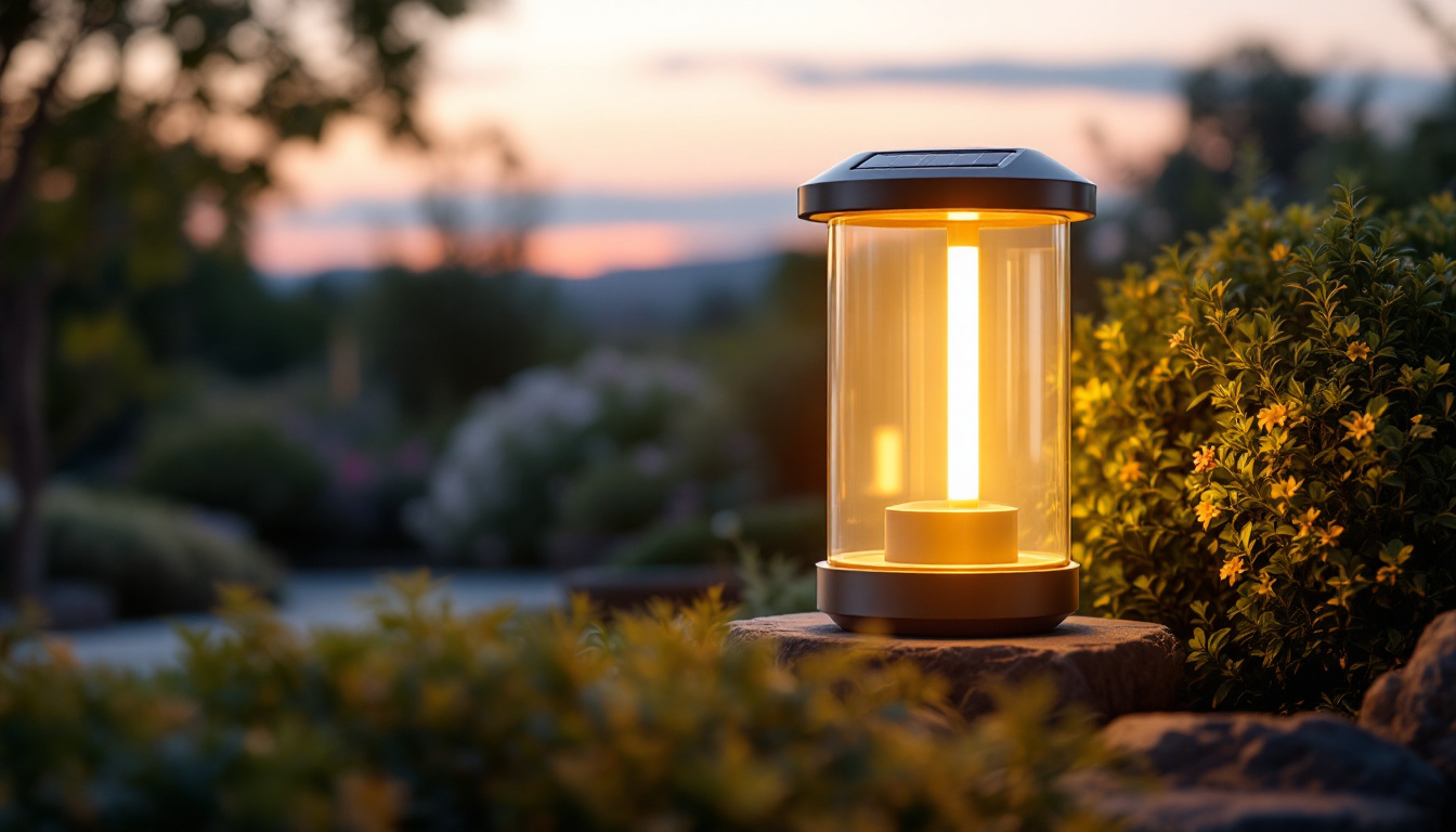 A photograph of a beautifully designed solar-powered outdoor lantern illuminated at dusk
