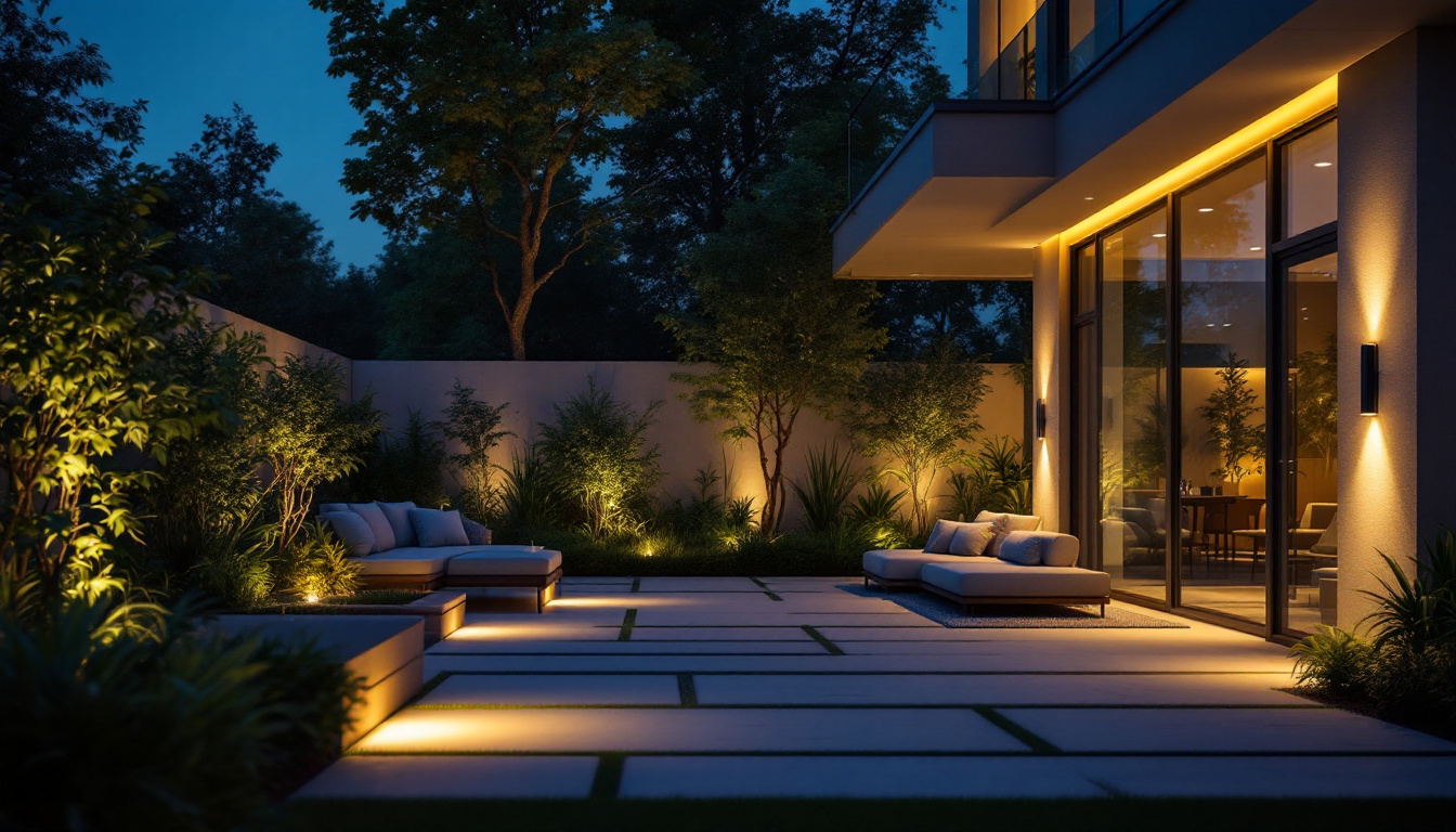 A photograph of a beautifully illuminated outdoor space featuring modern spot lighting that highlights architectural features