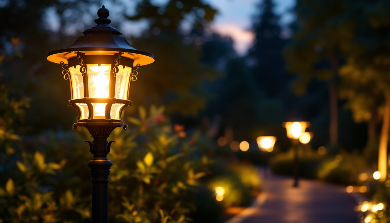 A photograph of a beautifully designed outdoor lamp post illuminated at dusk